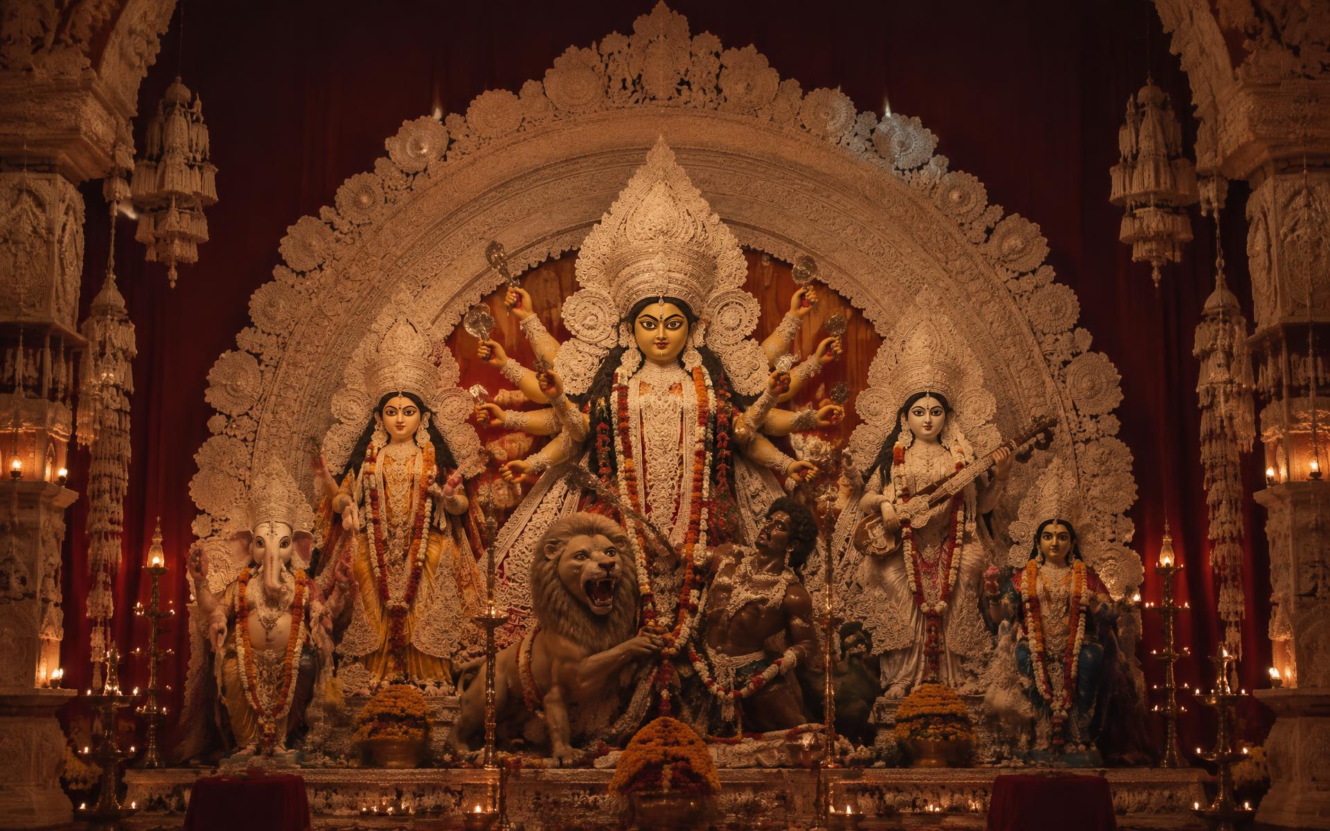 A traditional Durga idol tableau in an illuminated shola pandal